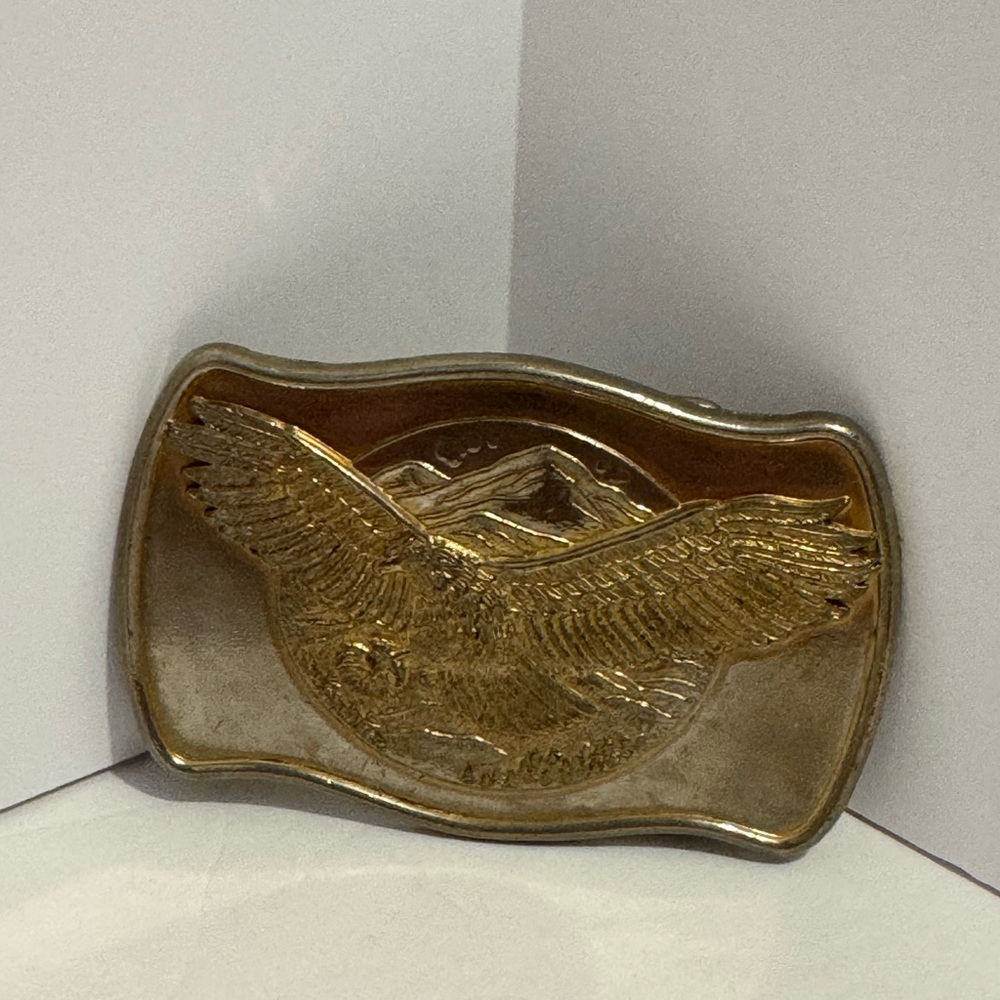 Patriotic American Eagle Flying Majestic Mountainside Gold Color Belt Buckle